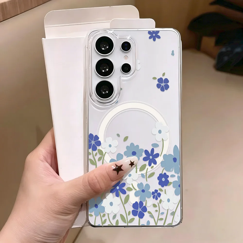Blue Flower Magnetic Phone Case For Samsung A57 A37 S26 Ultra S25 S24 FE S23 A56 A55 A36 Transparent Cover Silicone Soft Bumper