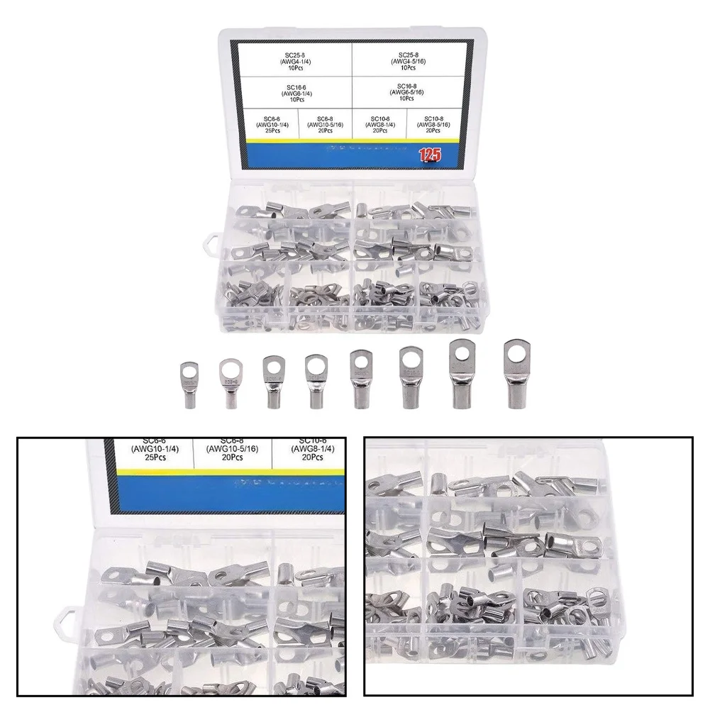 125pcs Tin Plated Copper Terminal Lugs SC6 to SC10 AWG4 AWG6 AWG8 AWG10 for Commercial and Vehicle For Electrical Systems