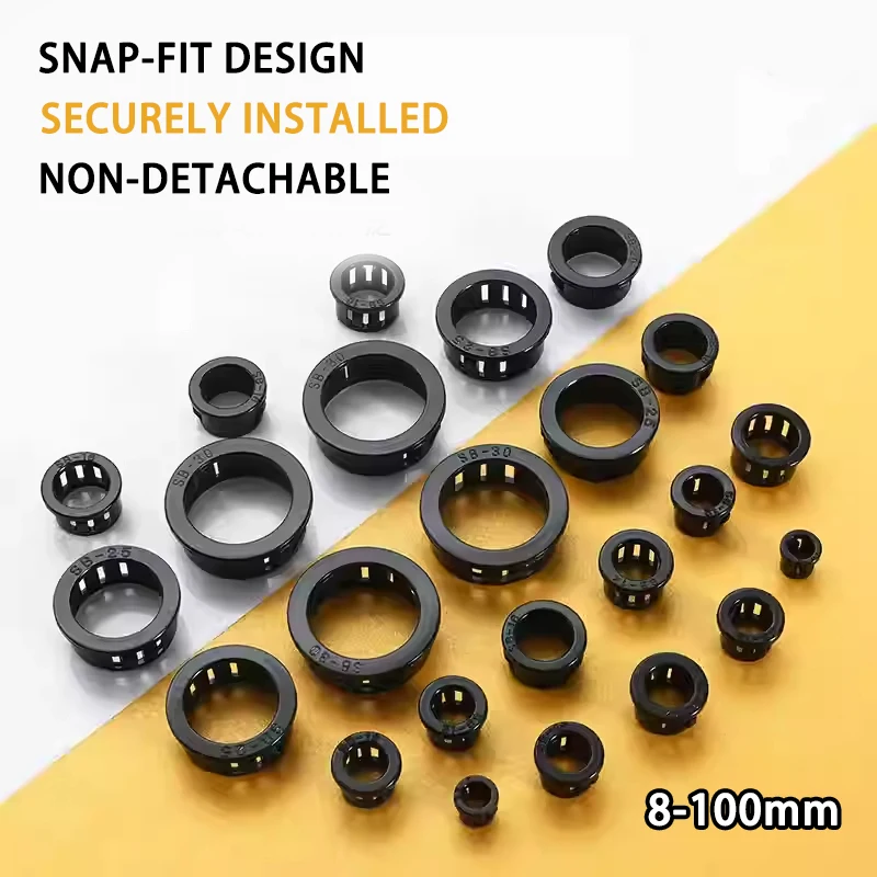 SB SK 8-100mm Diameter Black Panel Mount Nylon Snap Bushing Cord Buckle Protective Pipe Coil Wire Cable O Ring Hole Plug Grommet