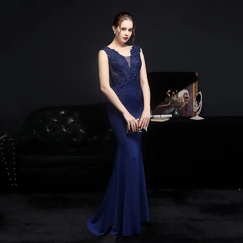 BLUEDRESSStoreLovely Mermaid blue Evening Dress Stunning Appliques See Through Back Long Formal Occasion Women Gowns For Evening