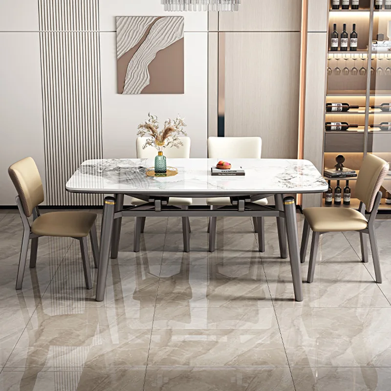 Rock Plate Dinning Room Table Set Italian Marble Rectangular Household Telescopic Folding Solid Wood Chair Food Furniture