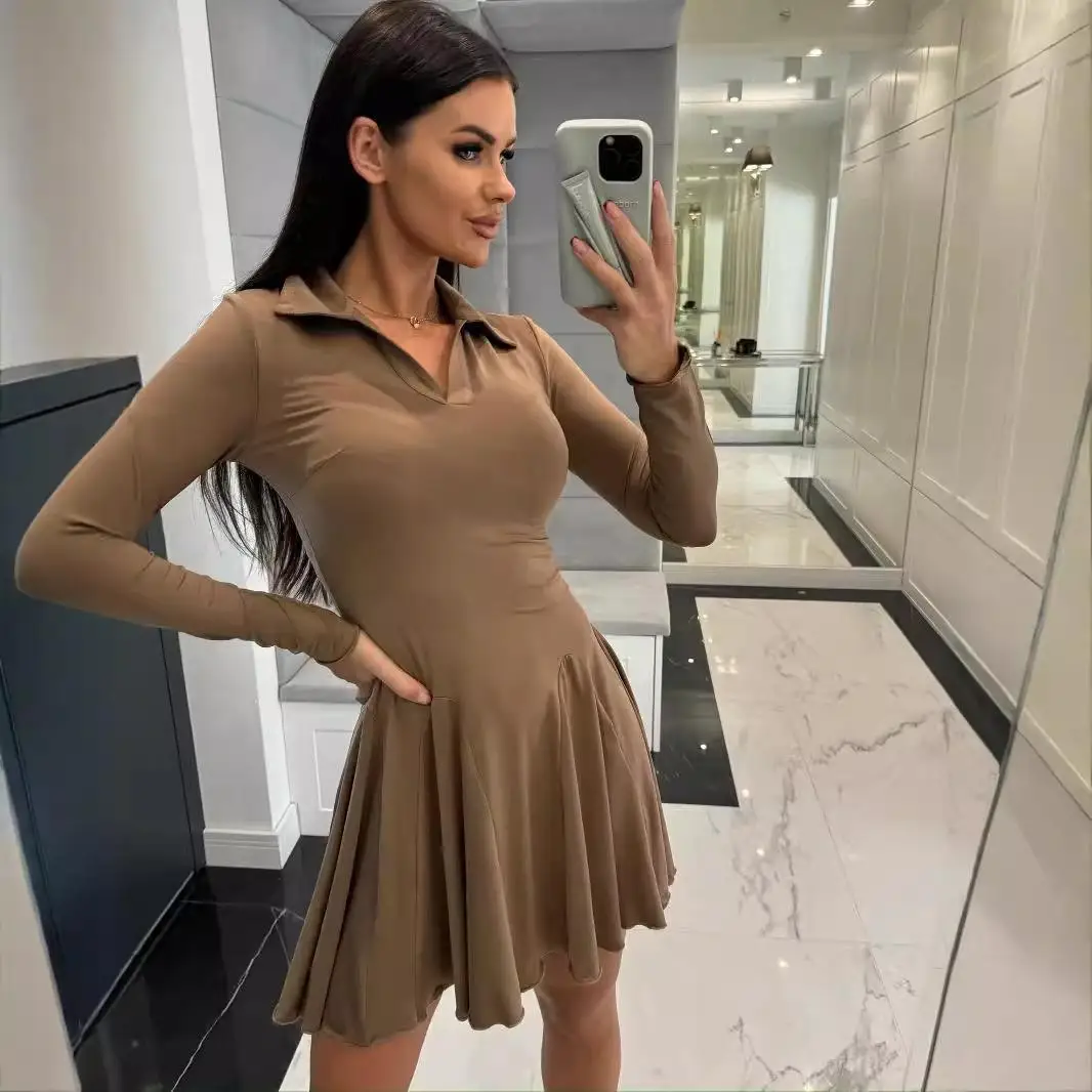 Faionable Pure Color Belted ort Skirt Long Sve Turn-down Collar Dr Women's Ele Polyester Busin Dr