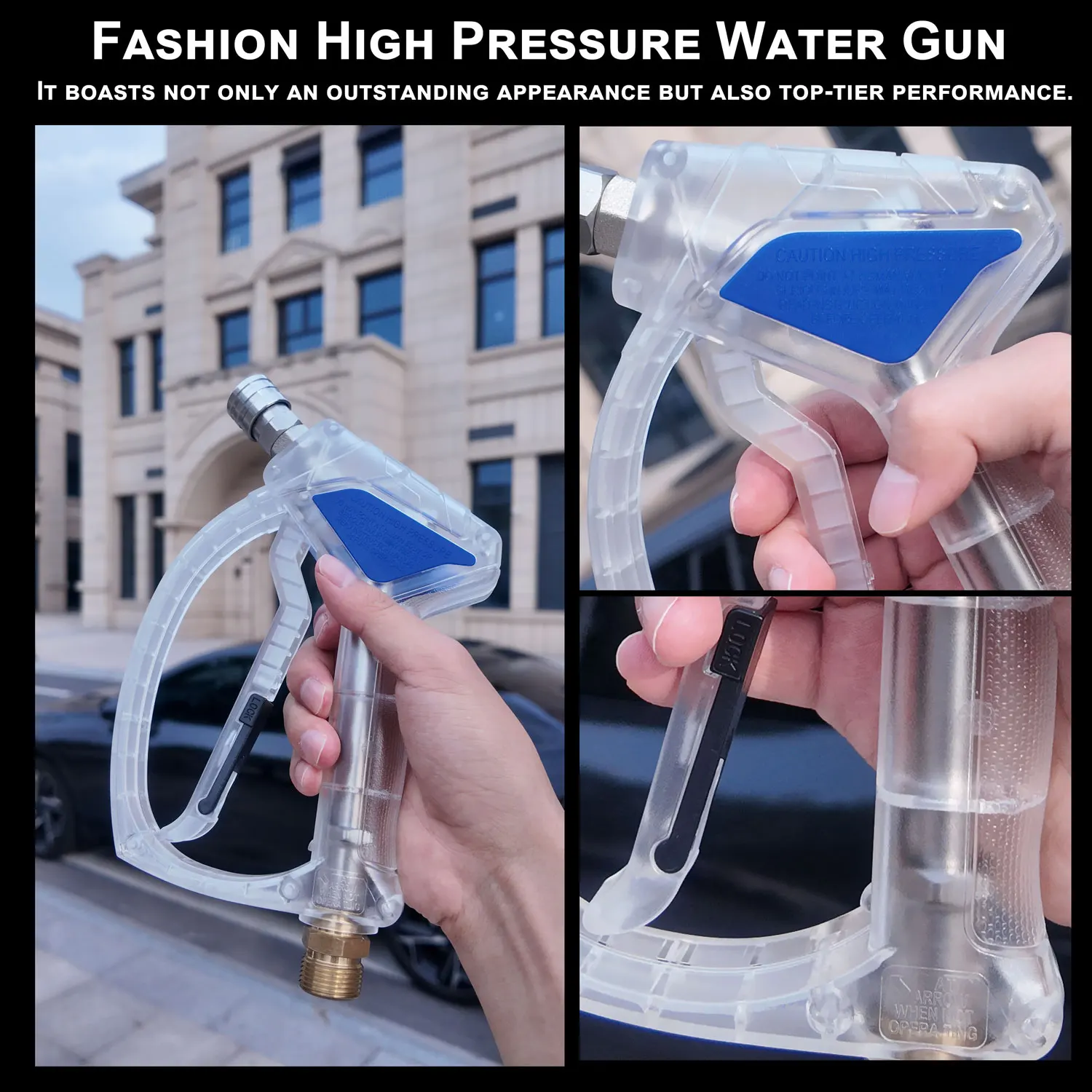 Transparent Blue-Black High-Pressure Rust-Proof Water Gun, 1/4‘ Self-Locking 3/8’ Tail-End Rotating Connection for Karcher Lavor