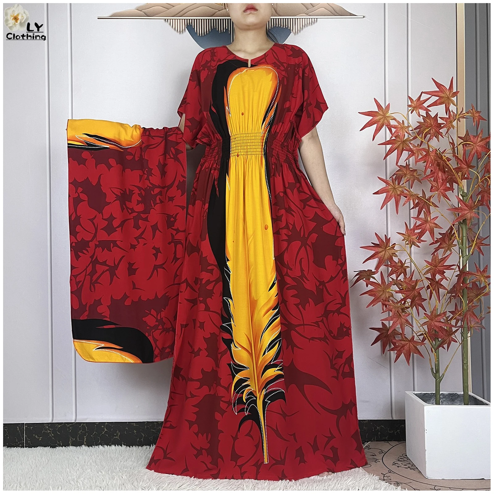 Latest Abaya Women Dashiki Cotton Fashion Printing Dress Short Sleeve Collect Waist Straight Muslim Dresses For Women Clothing