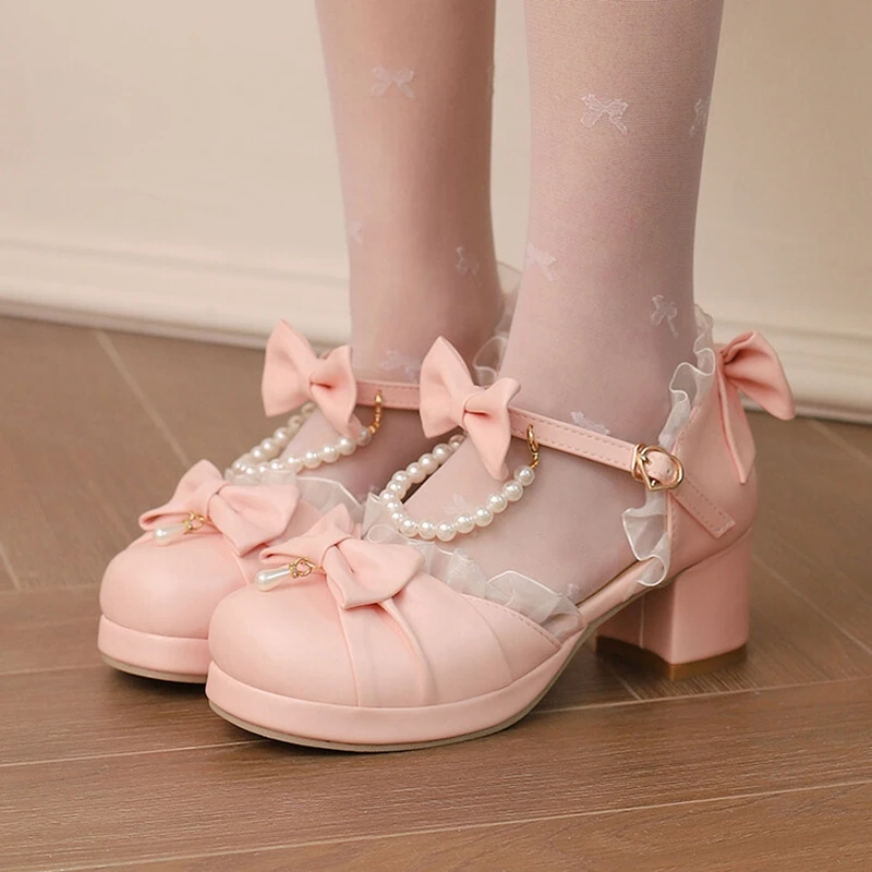 Girseaby 2024 New Lolita Pumps Round Toe Block Heels 5.5cm Buckle Bow Lace Big Size 33 34 43 44 45 46 47 48 Sweet White Pink