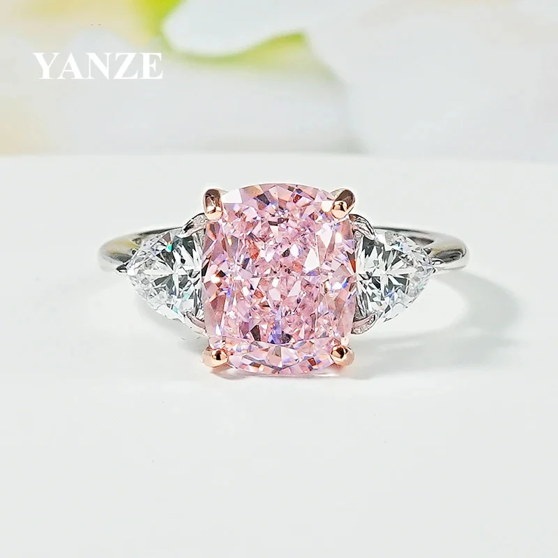 

Luxury 4CT Pink Diamond Radiant Ice-Cut 925 Silver Ring with High Carbon Diamond Square Rings Fine Jewelry For Women Gift