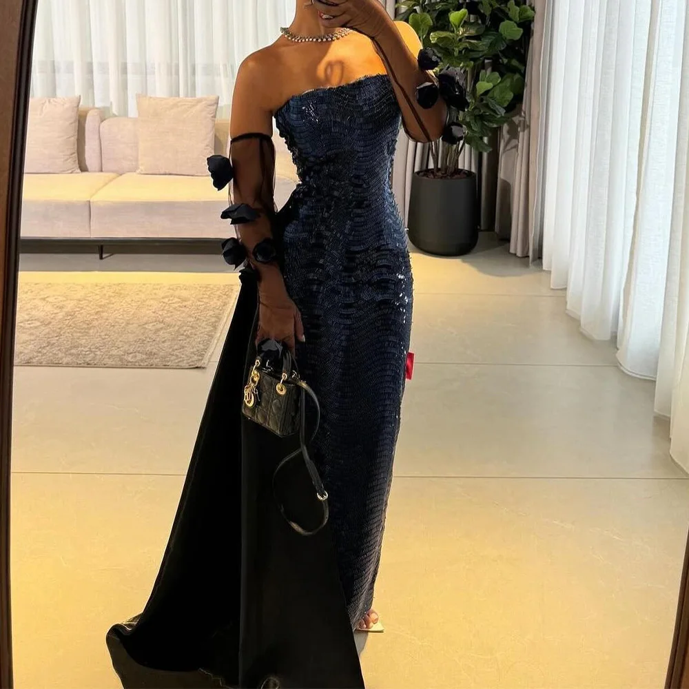 

Strapless Detachable Sleeve Appliques Sequin Straight Ankle Length Panel Train Backless Exquisite Contrast Color Evening Dresses