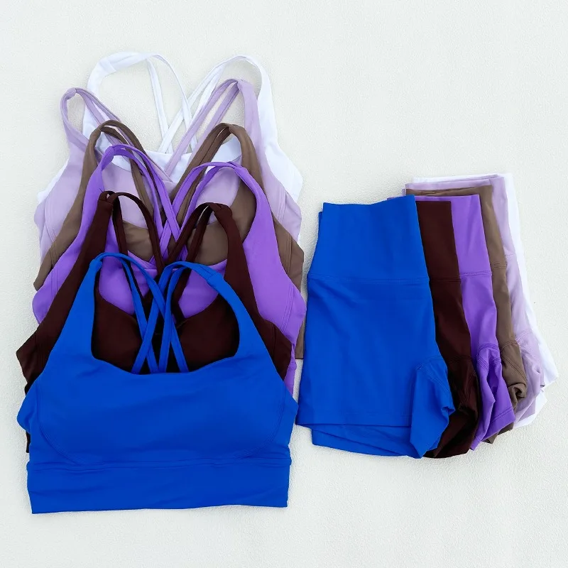 

Yoga Clothes Set 2 Piece Gym Sports Shorts Set Women Cross Back Bra Top High Waist Shorts Fitness Suit Running Workout Tracksuit
