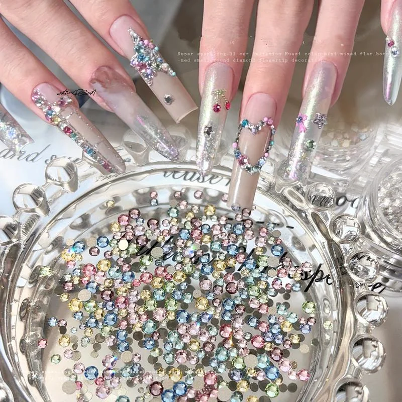 100Pcs Colorful Mini Nail Crystal Diamonds - round Flat Bottom Glitter Rhinestones for Nail Art Manicure Decoration