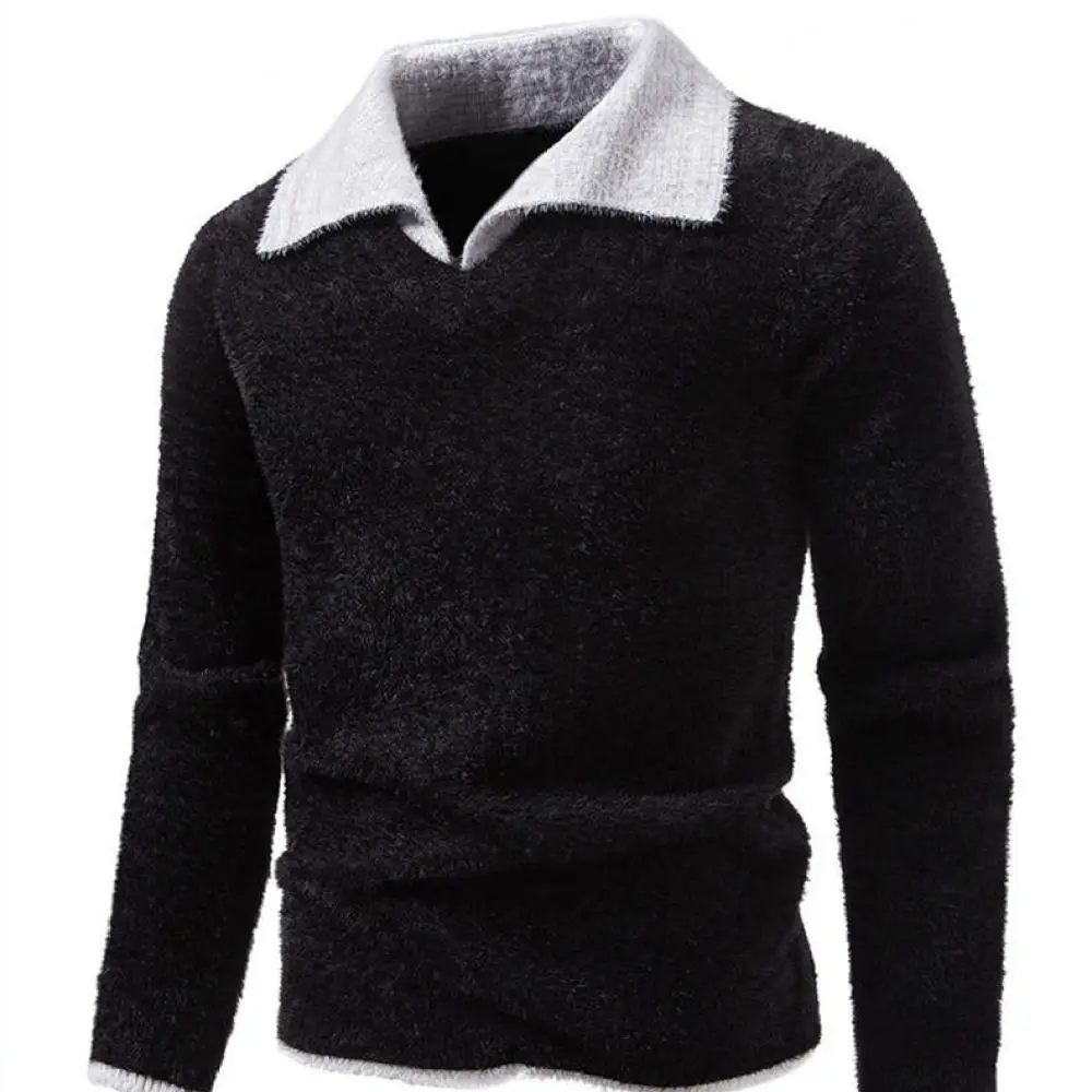 Mens Warm Knitwear Fake Two Piece Polo Collar Long Sleeve Pullover Sweater Casual Fashion Autumn Winter Contrast Top