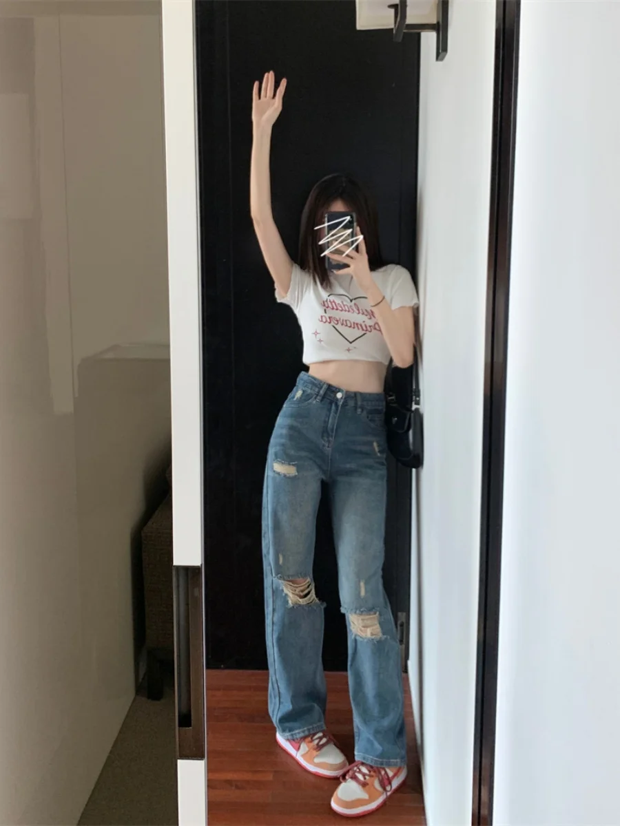 

Джинсы женские прямые с высокой талией, большие размеры, винтажные, в стиле Гонконг, удлиненные, стройнящие, джинсовая ткань, весна 2024