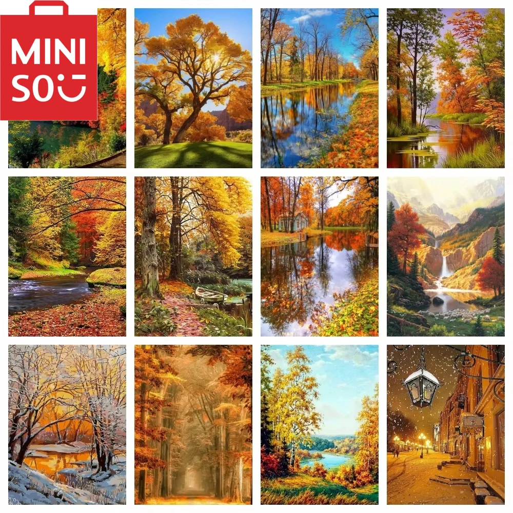 MINISO bricolage peinture à l'huile par numéros forêt automne paysage décoration de la maison mur salon café décor meilleur cadeau cadre