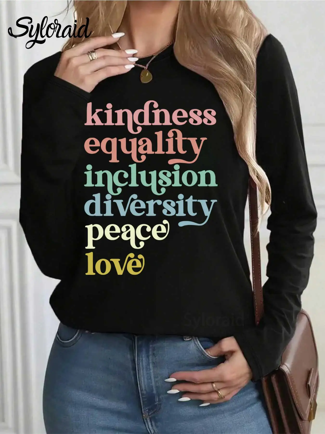 여성용 긴 소매 티셔츠, 친절 평등 인클루시브 프린트 티셔츠 패션 라운드 넥 캐주얼 탑 모든 계절에 적합