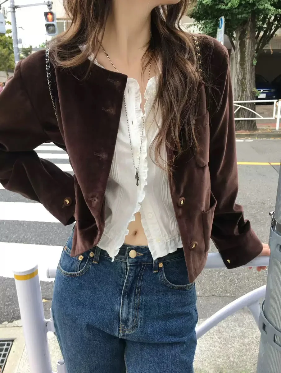 

Velvet ort Coat Button round Ne Padded Jaet Women's Commute Sle Slim Fit Long Sve Pure Color Autumn New Arrival