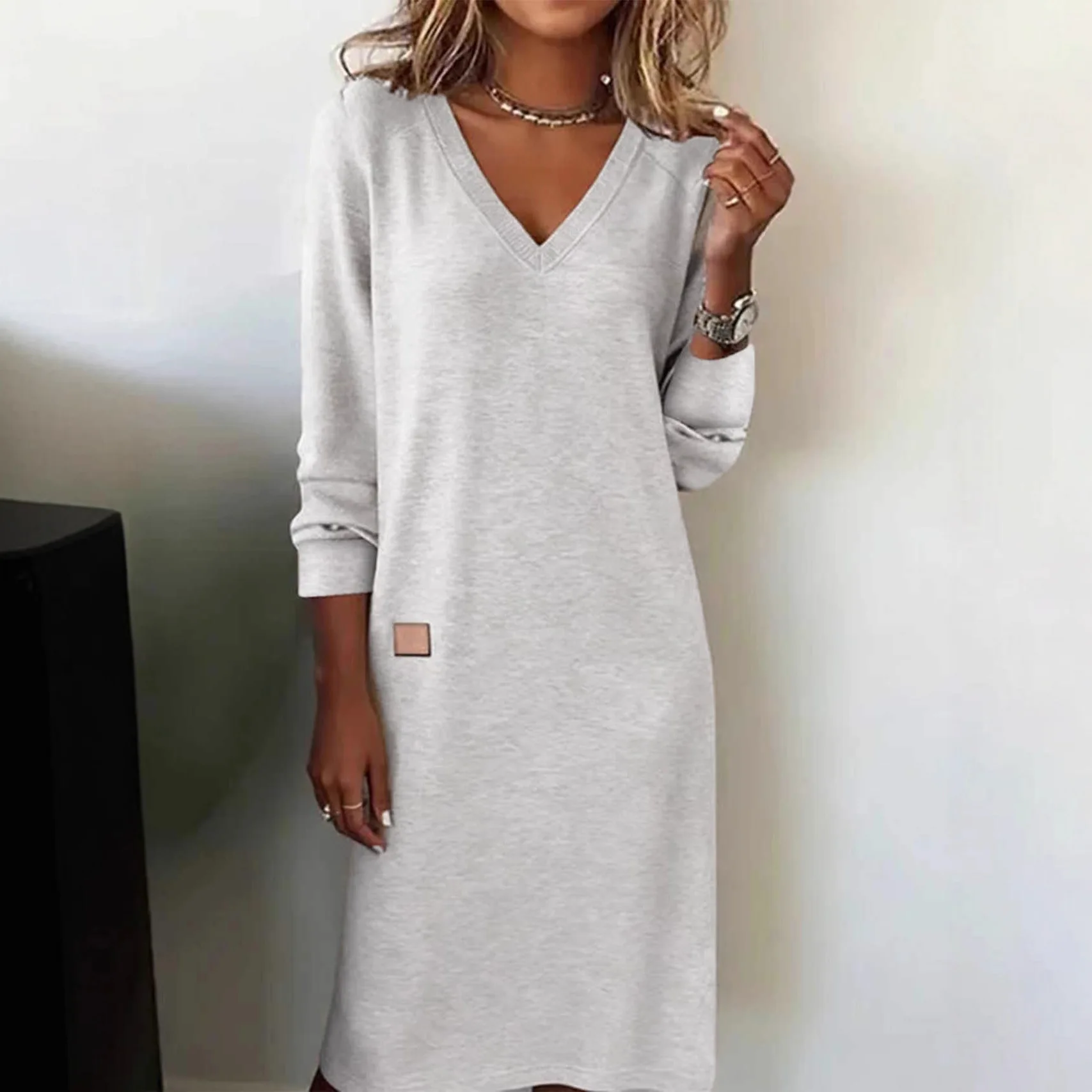 

Long Casual Dress Loose Solid Color Spring Autumn Daily Comfortable Long Dresses V-neck Long Sleeves Mid-waist Woman Clothing