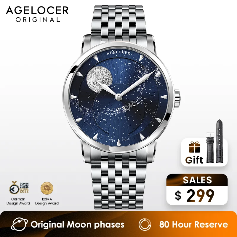 AGELOCER Original Astronomer Watch Steel Strap Men\'s Luxury Automatic Mechanical Moon Phase Watch Birthday Gift for Men