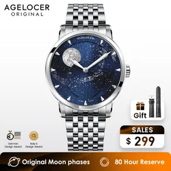 AGELOCER Orologio da astronomo originale con cinturino in acciaio Orologio meccanico automatico di lusso con fasi lunari da uomo, regalo di compleanno per uomo