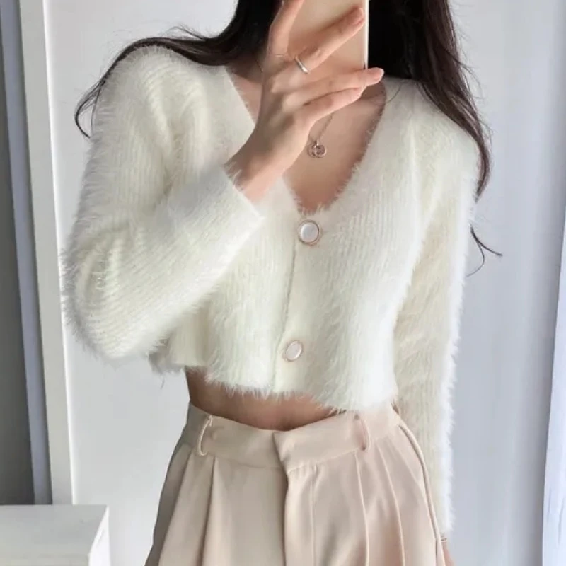 OCEANLOVE Short Cardigans Solid V Neck Korean Fashion Mink Cashmere Autumn Winter Women Sweaters Thick Warm Chaquetas Tops