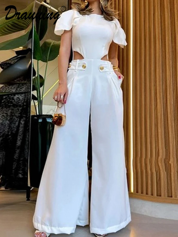 D​rauuing Jumpsuit Women Side Hollow Out Loose Wide Leg Pant Elegant Jumpsuit White Sexy Short Sleeve Cut Out Jumpsuit Women