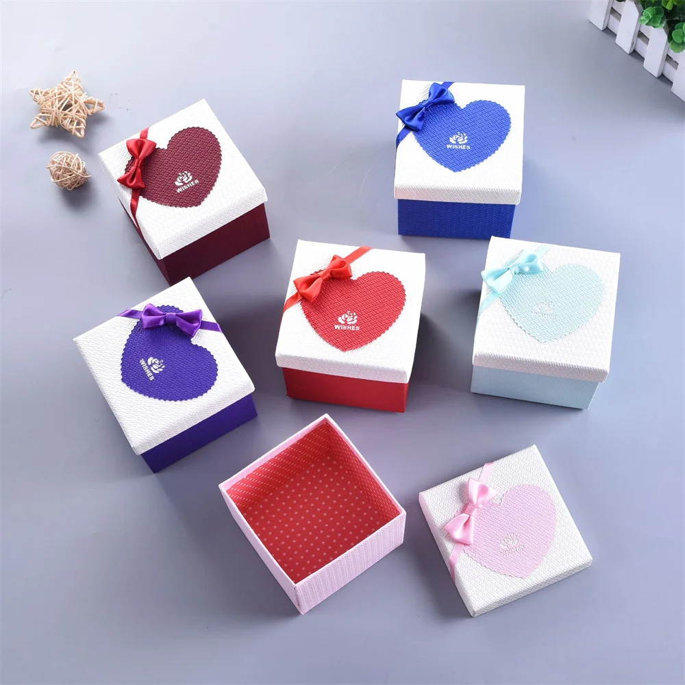 Love Heart Pattern Gift Packaging Box With Bow Jewellery Box Fashion Bow Ribbon Jewelry Boxes Ring Earrings Pendant Display Case