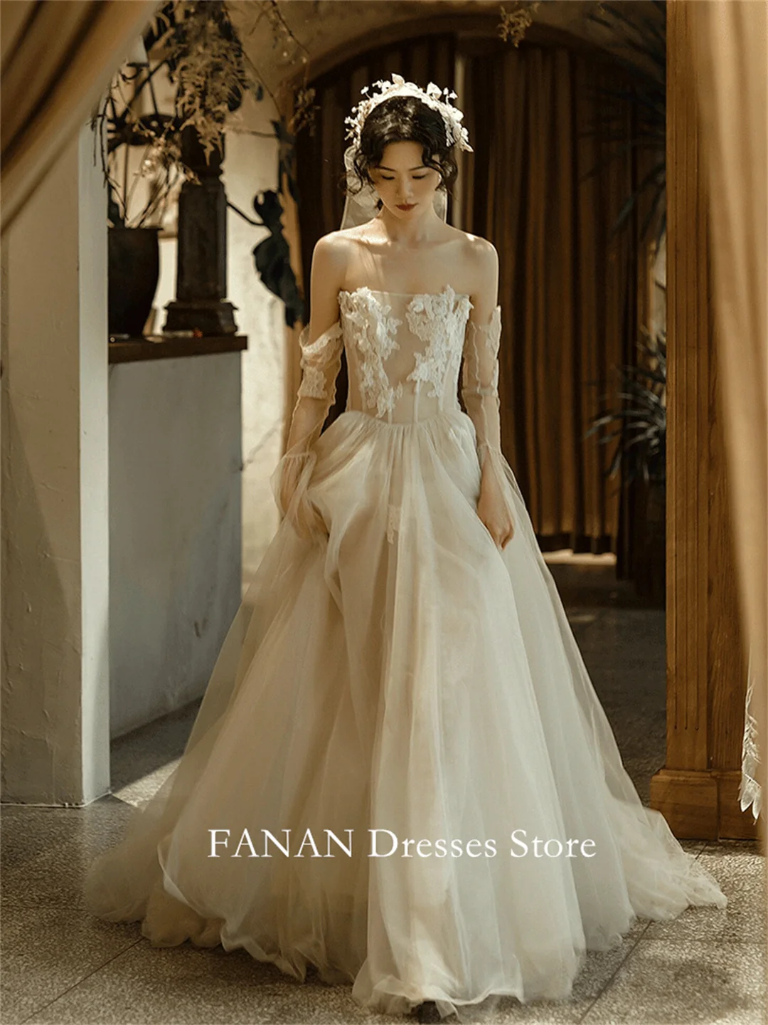 Gaun pengantin model A-Line antik tanpa tali FANAN Korea gaun pernikahan Tulle Corset 드**3/2014 korset klasik buatan kustom gaun pengantin ukuran Plus