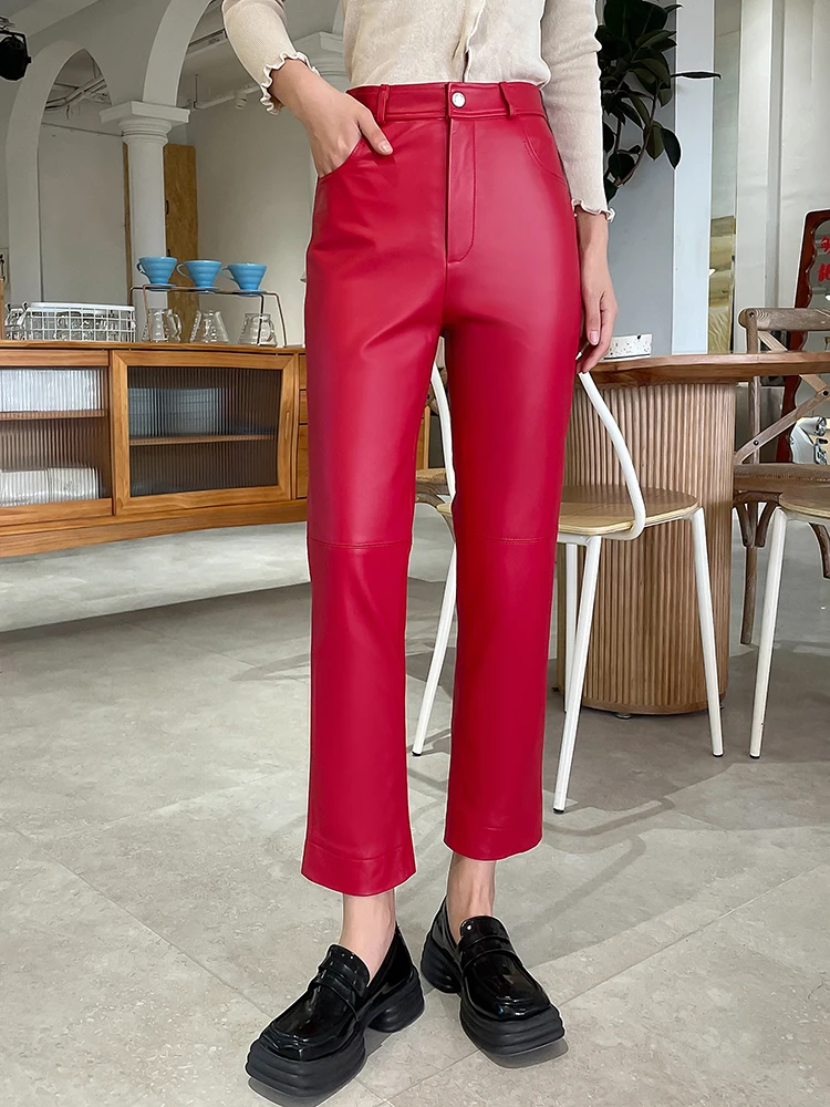 

Autumn New Genuine Leather Pants for Women High Waist Straight Leg Pants Office Lady Sheepskin Trousers Y4600