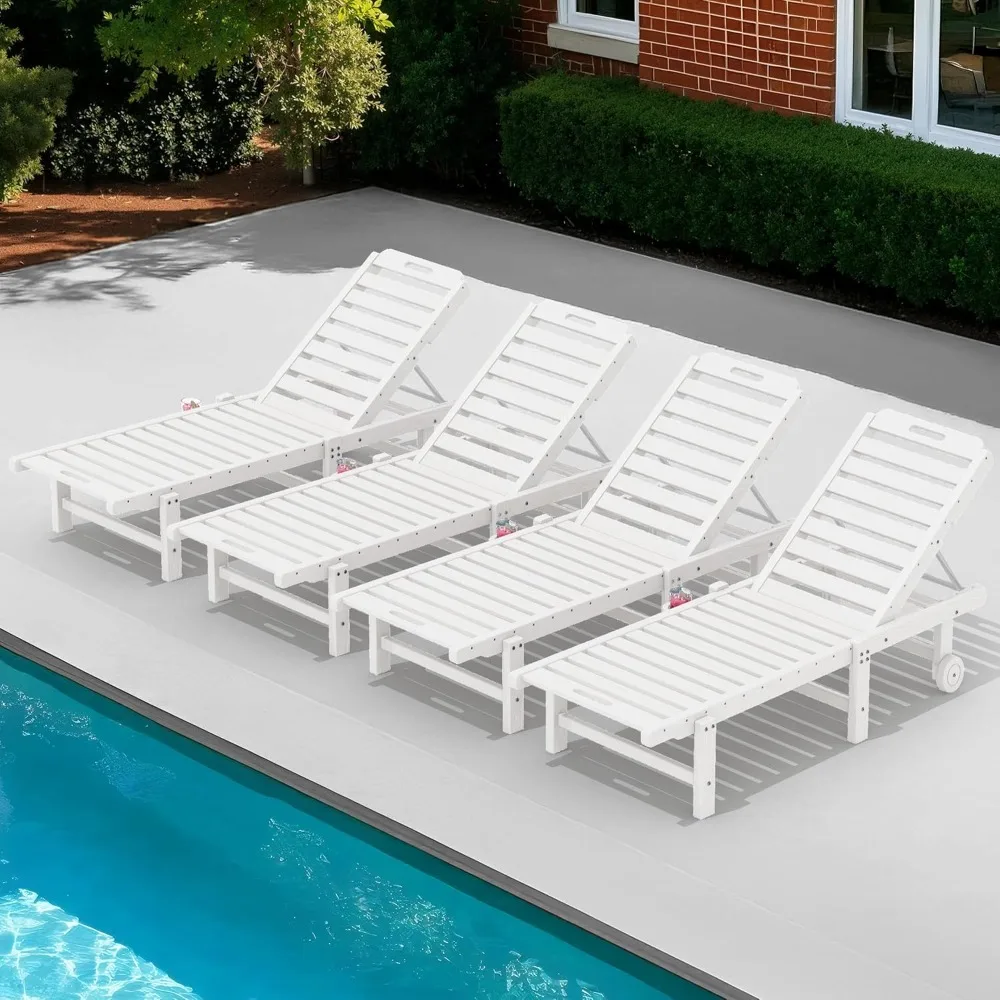 

Patio Chaise Lounge Chair Set of 4, HDPE Outdoor Lounge Chair with Cup Holder, 5 Positions Adjustable Pool Lounger.