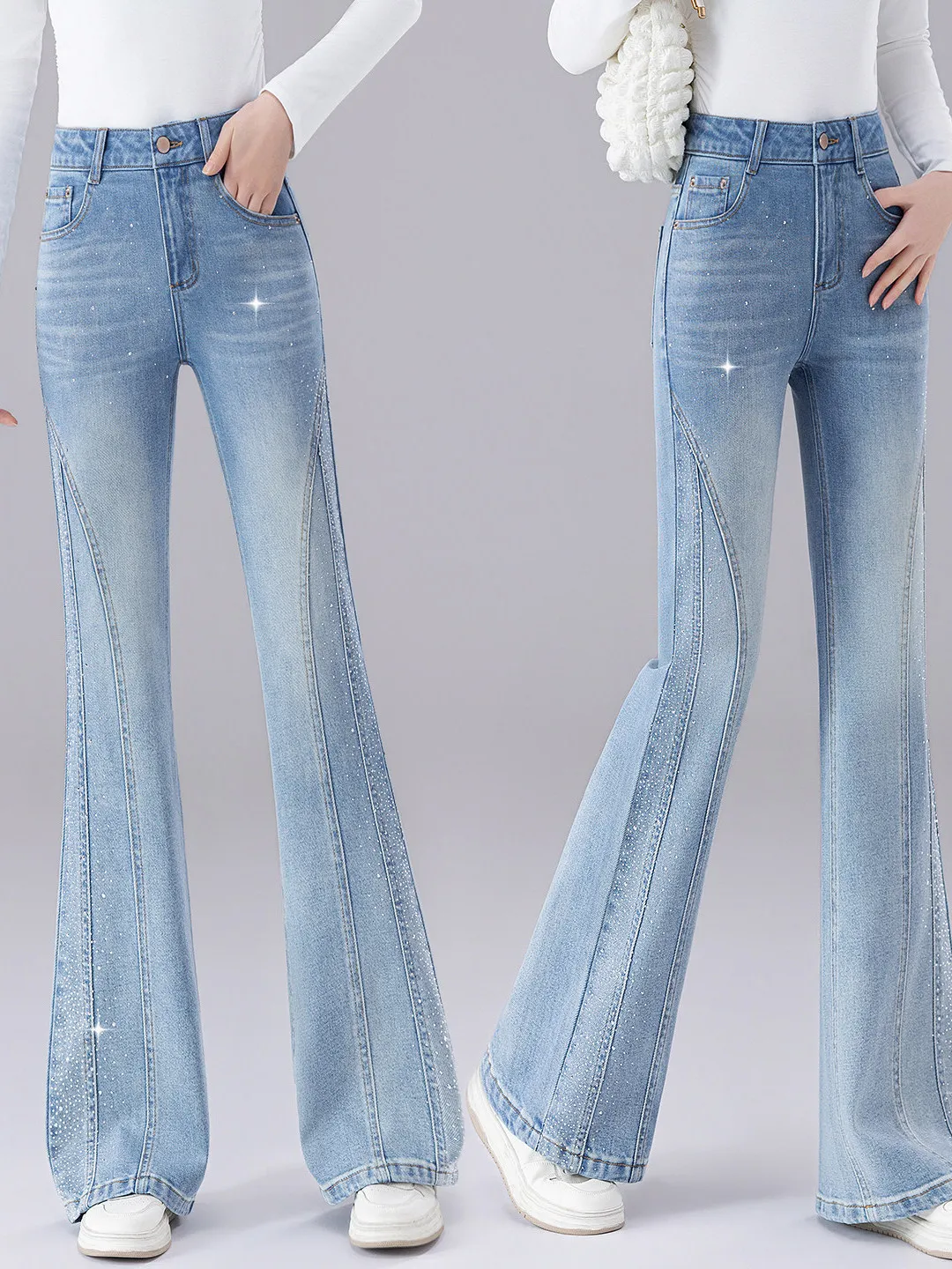 High Waist Flared Jeans Slimming Long Pants Glittering Diamond Nine Points Micro Flare Bootcut Denim Spring Autumn Ladies Tro...