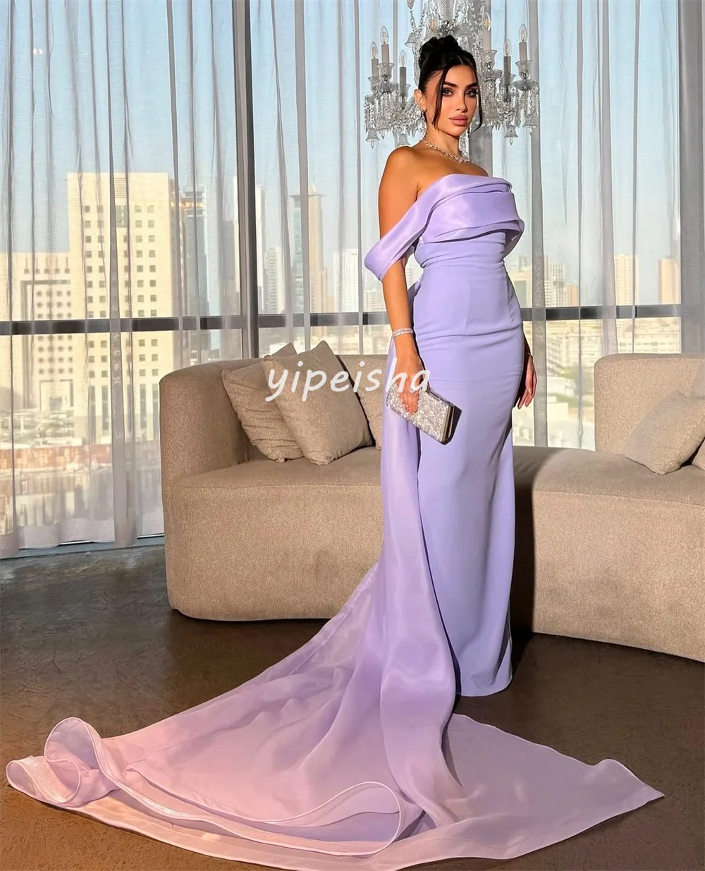 تخصيص بسيط جيرسي الطية Ruched مستقيم خارج على الكتف فساتين طويلة فساتين مناسبة مخصصة جودة عالية النمط الصيني #2