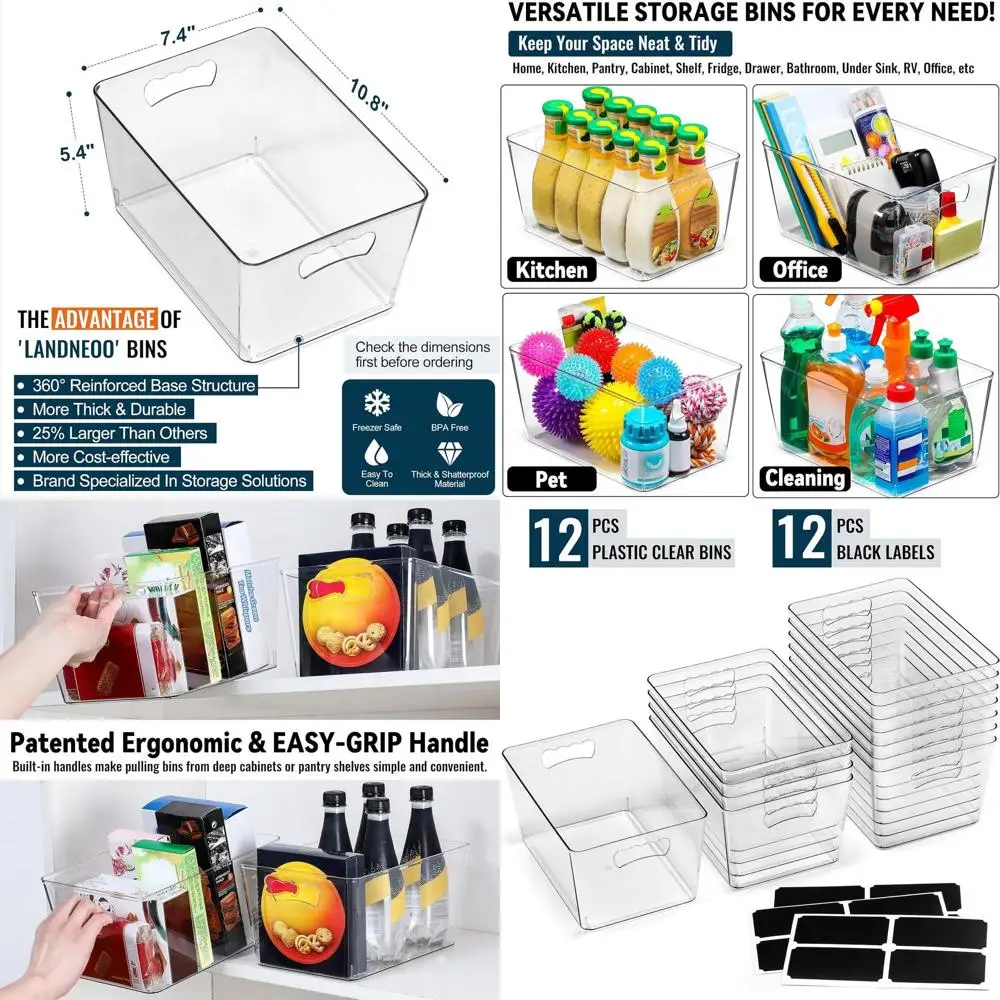 

Набор из 12 больших прозрачных контейнеров для хранения с ручками, универсальные пластиковые органайзеры для дома, кухни и многого другого