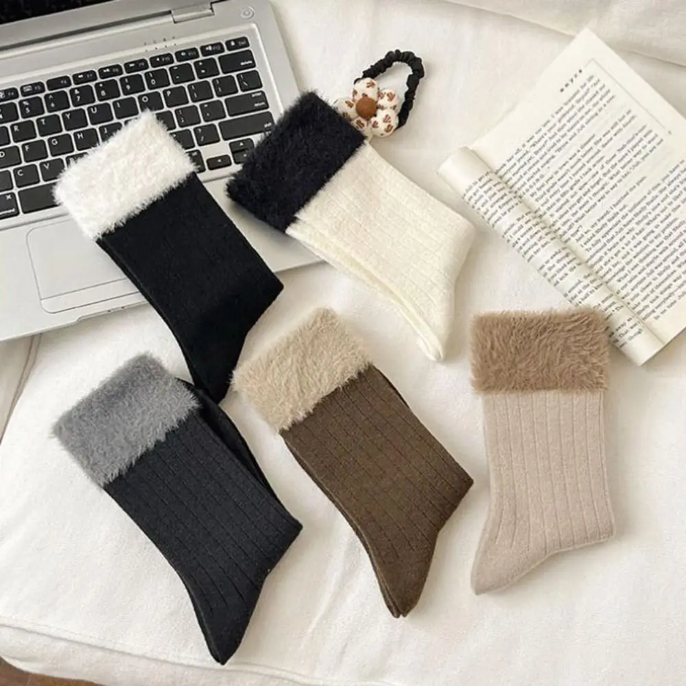 5Pairs Y2K Furry Lolita Socks Stripe Plush Edge Plush Fleece Socks Thicken Japanese Style Mid-Calf Tube Sock Spicy Girls