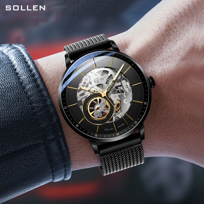 SOLLEN Men Watch Fashion Skeleton Dial Creative Mechanical Watches Mesh Strap Sports Watch For Men Clock Relogio Masculino Reloj