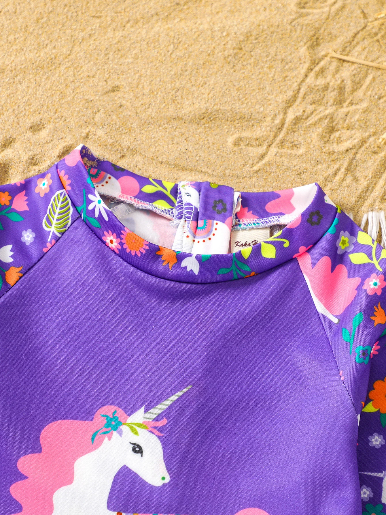 Girls Fashion One Piece Swimsuit Cute Cartoon Unicorn Full Print Long Sleeve High Elastic Vacation Beach Comfy Breathable Swimwe