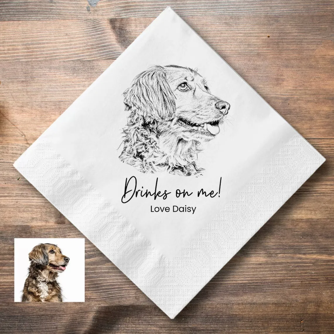 50 PCS Custom Pet Sketch Cocktail Napkins, Pencil Sketch Portrait from Photo, Dog Wedding Napkins, Customized Pet Portrait Weddi