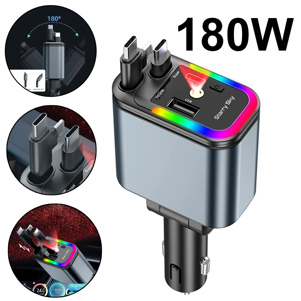 محولات شحن سريعة بخط مزدوج قابل للسحب بقدرة 180 وات مع ضوء محيط وشاحن سيارة بإضاءة سقف السماء المرصعة بالنجوم لهاتف iPhone Android