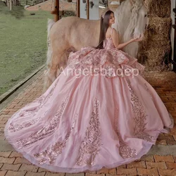 Angelsbride Customized Pink Tulle Ball Gown Quinceanera Dresses 2025 Tiered Sequined Vestidos De 15 Anos Evening Party Dress