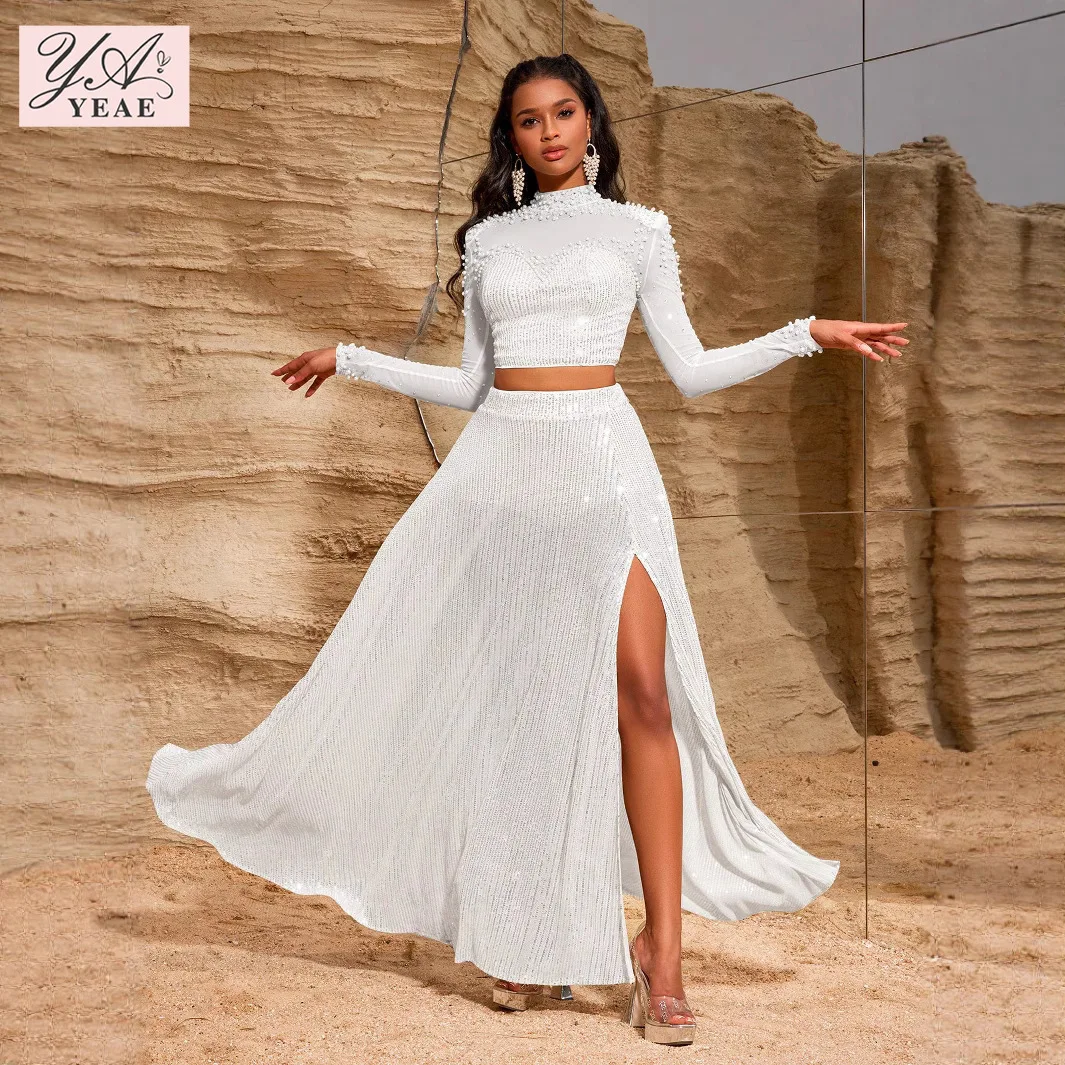 

2025 Women's Vacation Evening Gown Set, Back Sheer Panel High Slit Maxi Dress