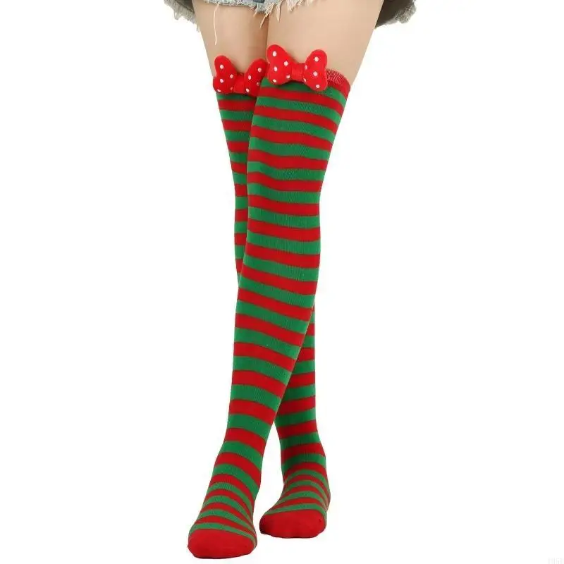 195E フェスティバル ホリデー ちょう結びストッキング ストライプ オーバーニーソックス パーティーコスチューム用