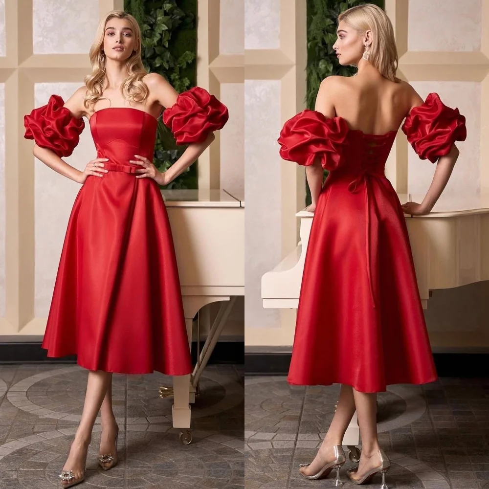 

Customized Matching Sizes Available Pleat Ruched Sash Bow A-line Strapless Midi Dresses Bespoke Occasion Dresses Retro Elegant