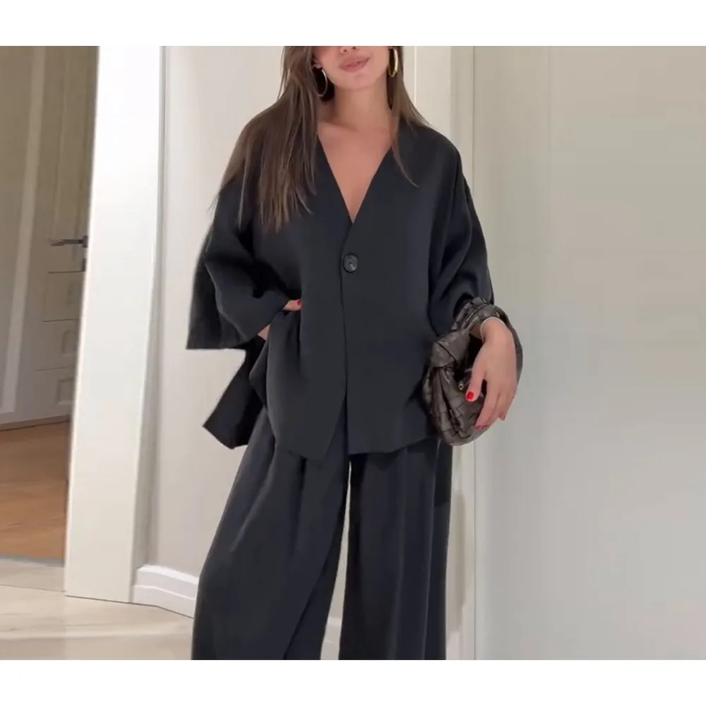 TWOTWINSTYLE solide ample deux pièces ensemble pour les femmes col en V à manches longues haut taille haute Pnt ensembles femme mode Style