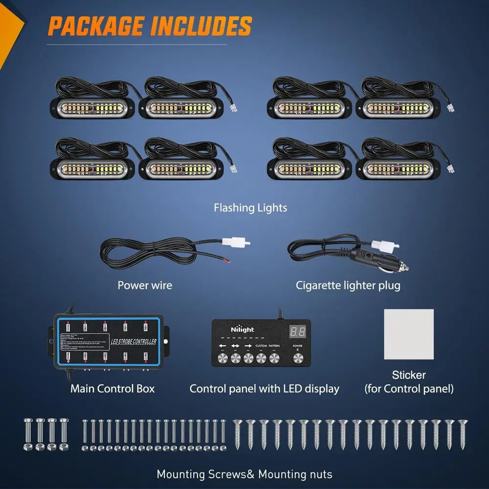 Nilight 8PCS Led Strobe Lights with Controller 12V 24V Sync Feature Amber White Strobe Light 12 LED Surface Mount Emergency Haza