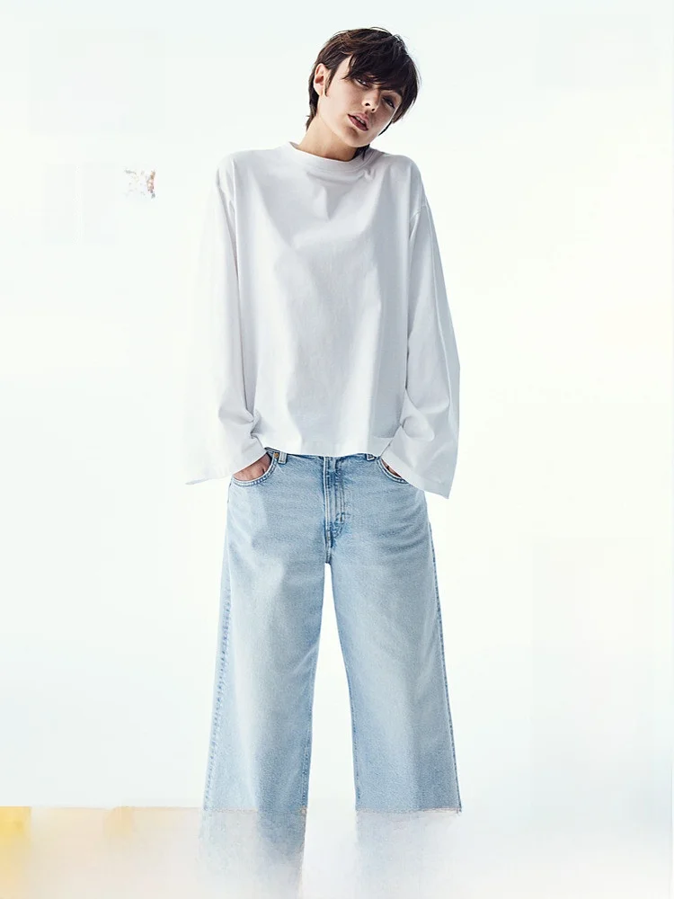 

Джинсы женские с высокой талией и широкими штанинами, модные, из денима, с эффектом потертости, слегка эластичные, для повседневной носки, HM, летняя коллекция 1236909