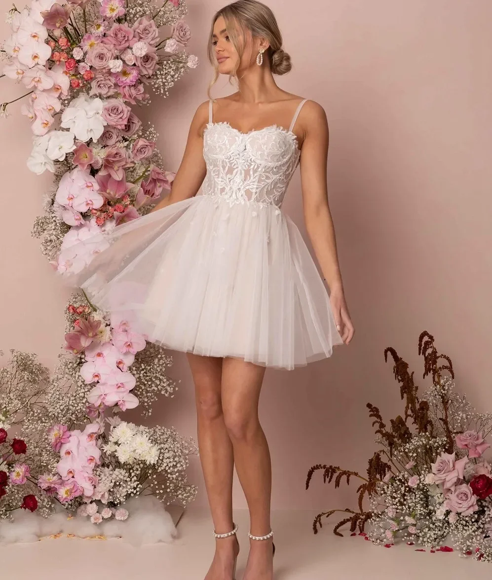 Vestido De novia corto con Espalda descubierta, minivestido Sexy De tul con corte en A, Mangas desmontables para recepción