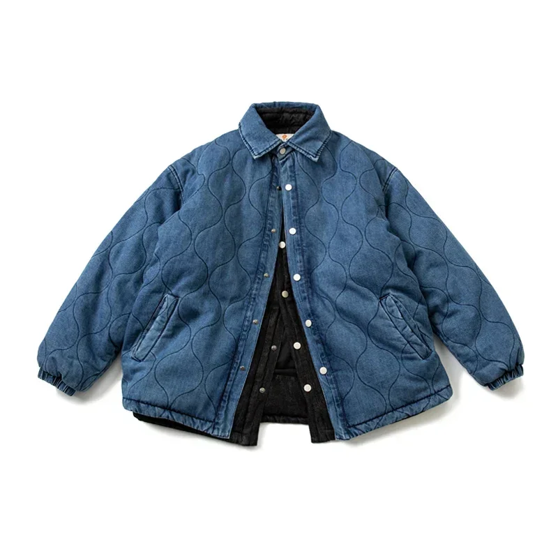 Japanese Cityboy Loose Shoulder Sleeves Washed Denim Cotton Coat Men's and Women's Solid Color Padded Blue Jacket