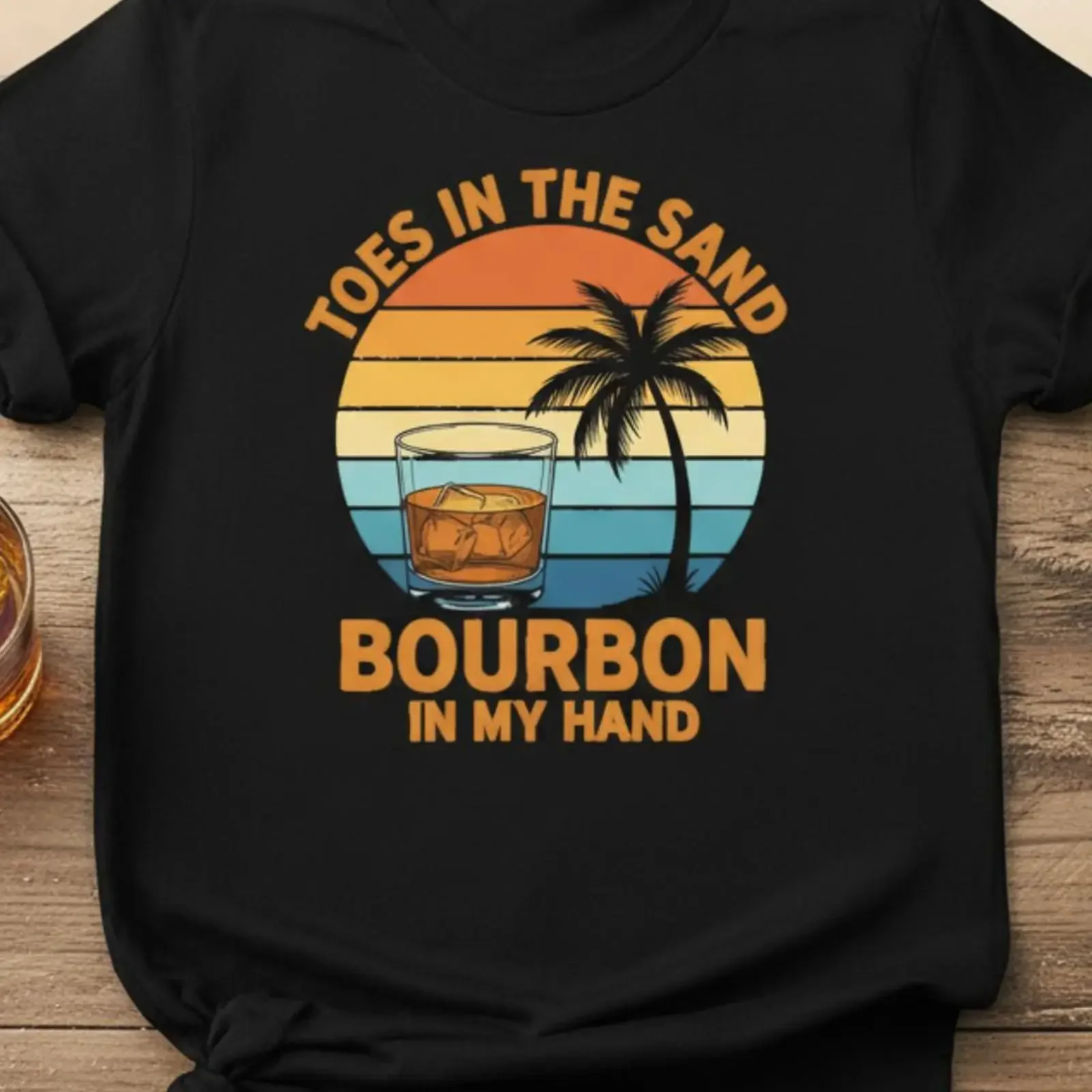 Toes In The Sand Bourbon My Hand T Shirt Retro Sunset Palm Tree Beach Whiskey Lover Summer Vacation Drinking Casual vintage
