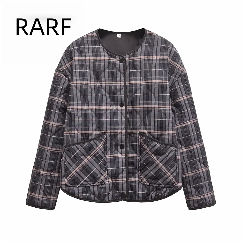 2024 Autumn/Winter New Wide Edge Commuter Plaid Long Sleeve Round Neck Versatile Cotton Jacket for Women