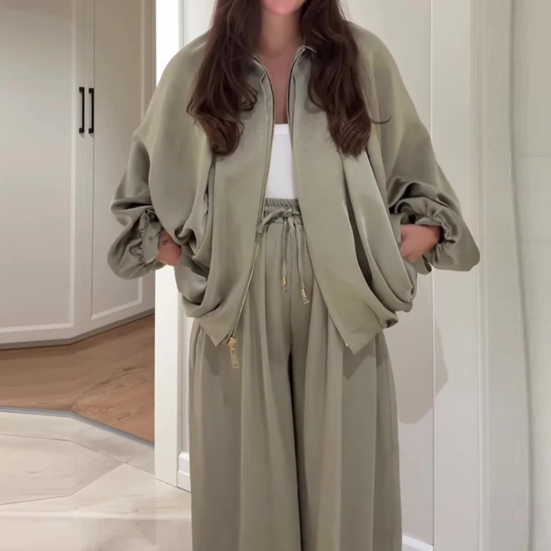 

Осенний модный удобный женский комплект из двух предметов, новый офисный пиджак с длинными рукавами, повседневный плиссированный широкий брючный костюм с эластичной резинкой на талии