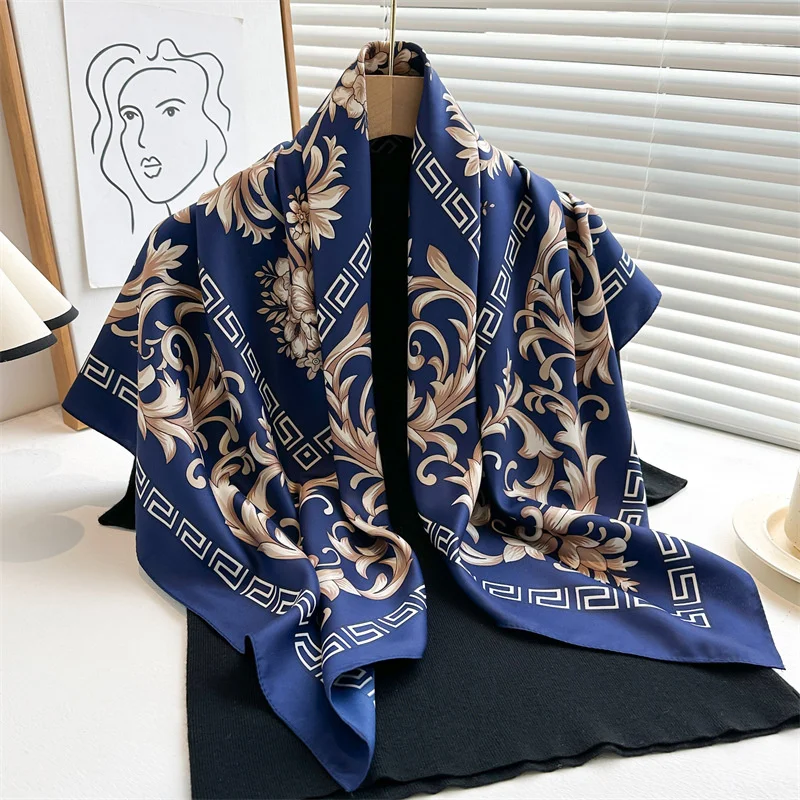 Luxury Retro Ethnic Style 90cm Printed Large Square Scarf Twill Silk Headscarf All-Match Sunscreen Shawl for Women