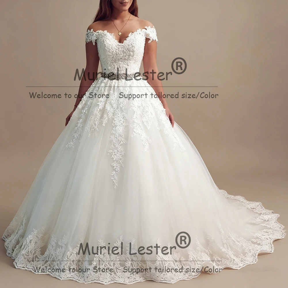 

Luxury Lace Appliques Ball Gown Wedding Dresses V Neck Off Shoulder Bridal Gowns Customized Lace-Up Beaded Robe De Mariee 2026