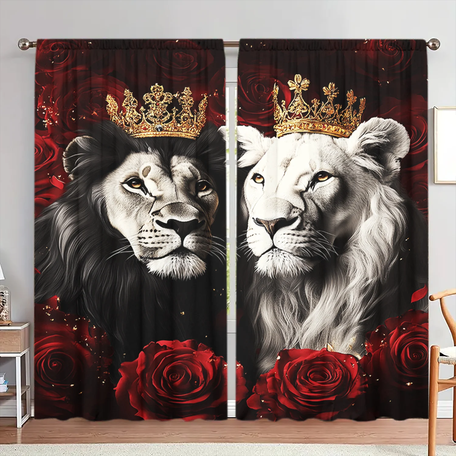 2pcs Rose Lion Painting Printed Curtain for Home Decor - Rod Pocket Window Treatment for Bedroom, Office, Kitchen